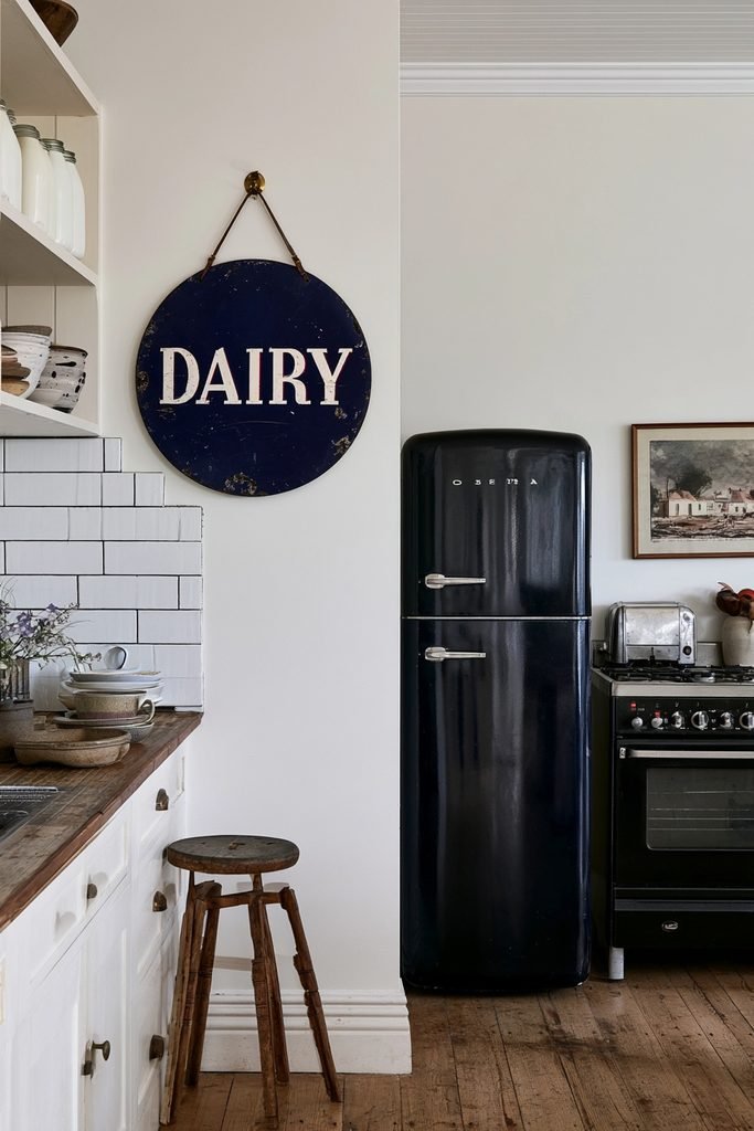 Round vintage "Dairy" metal sign hanging beside open shelving in a neutral farmhouse kitchen.