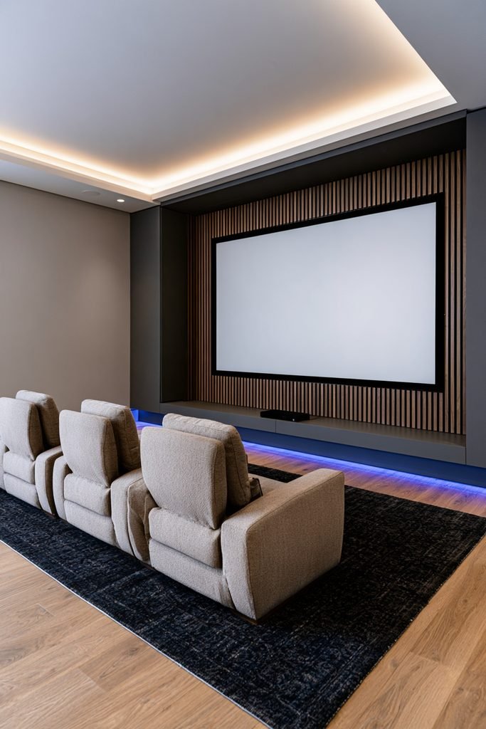 Compact home cinema with wall-mounted screen, acoustic panels, and space-saving recliners