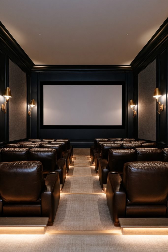 Elegant home theater with wall sconces, aisle lighting, leather recliners, and cinema screen