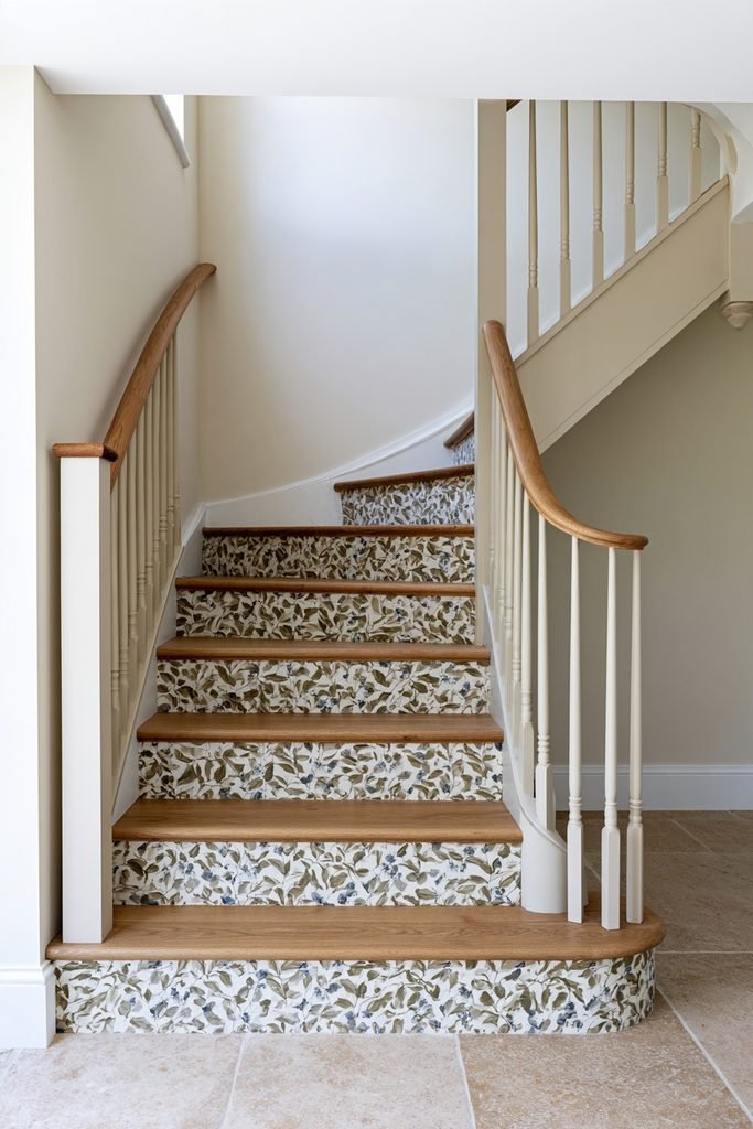 Floral wallpaper covering the risers of a stylish residential staircase