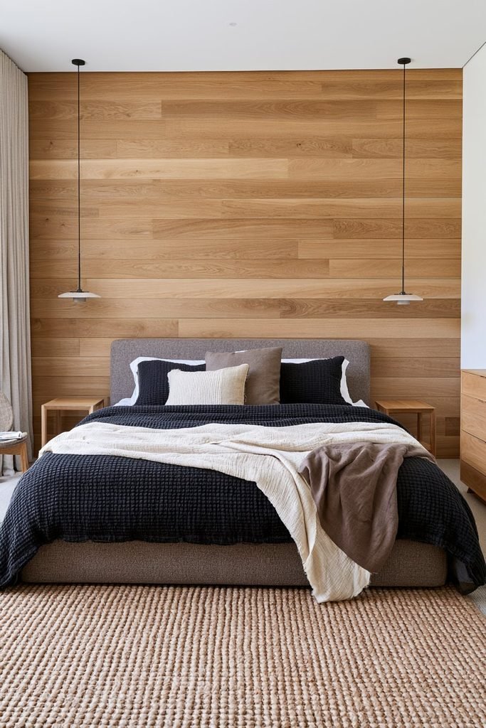 Natural light wood shiplap accent wall behind a modern upholstered bed in a cozy Scandinavian-style bedroom.