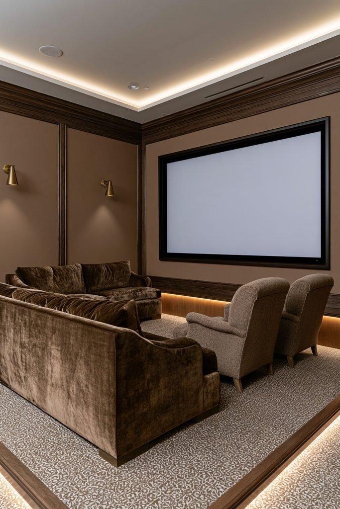 Vintage home theater with warm terracotta walls, dark wood accents, and comfortable theater seating