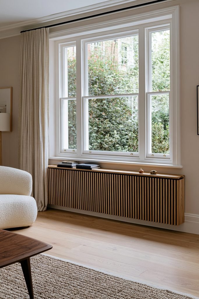 Natural oak radiator cover with a display shelf in a Scandinavian-style living room
