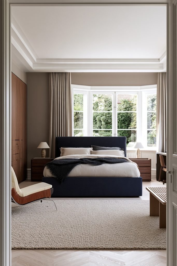 Scandinavian bedroom layered with wool, linen, and cotton textiles, eucalyptus walls, and oak flooring