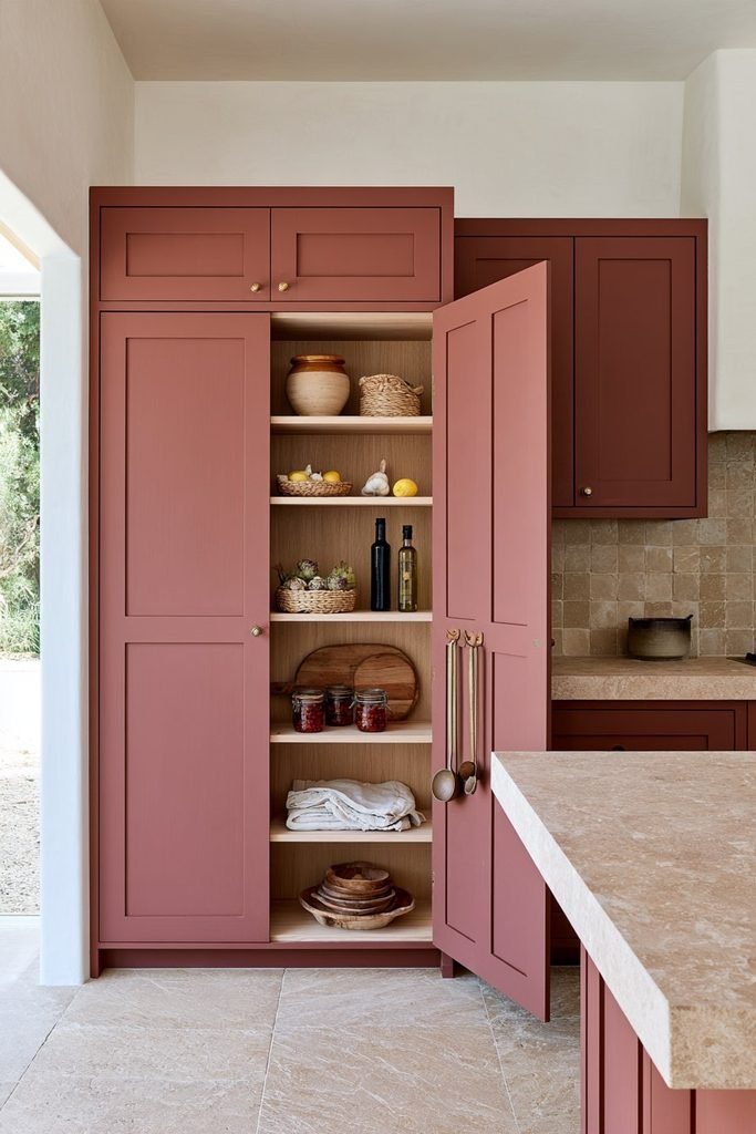 Terracotta-toned larder cupboard with pale timber shelves, ceramic jars, pantry ingredients, and brass hooks