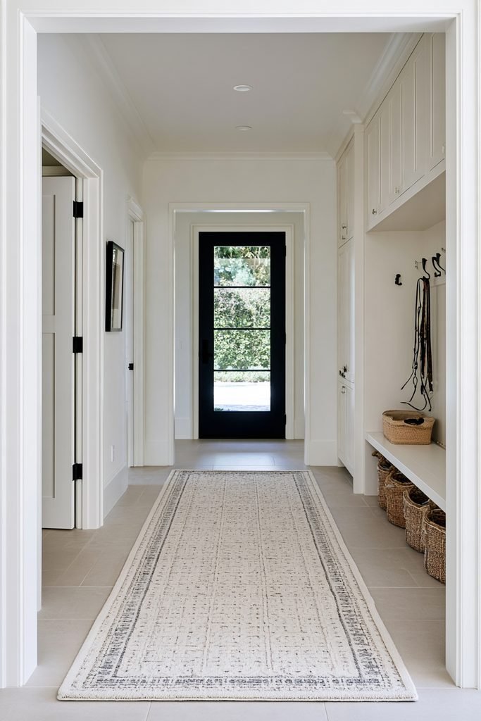 Washable hallway runner in a practical mudroom entry with tile flooring, built-in bench, coat hooks, baskets, and storage cabinets.