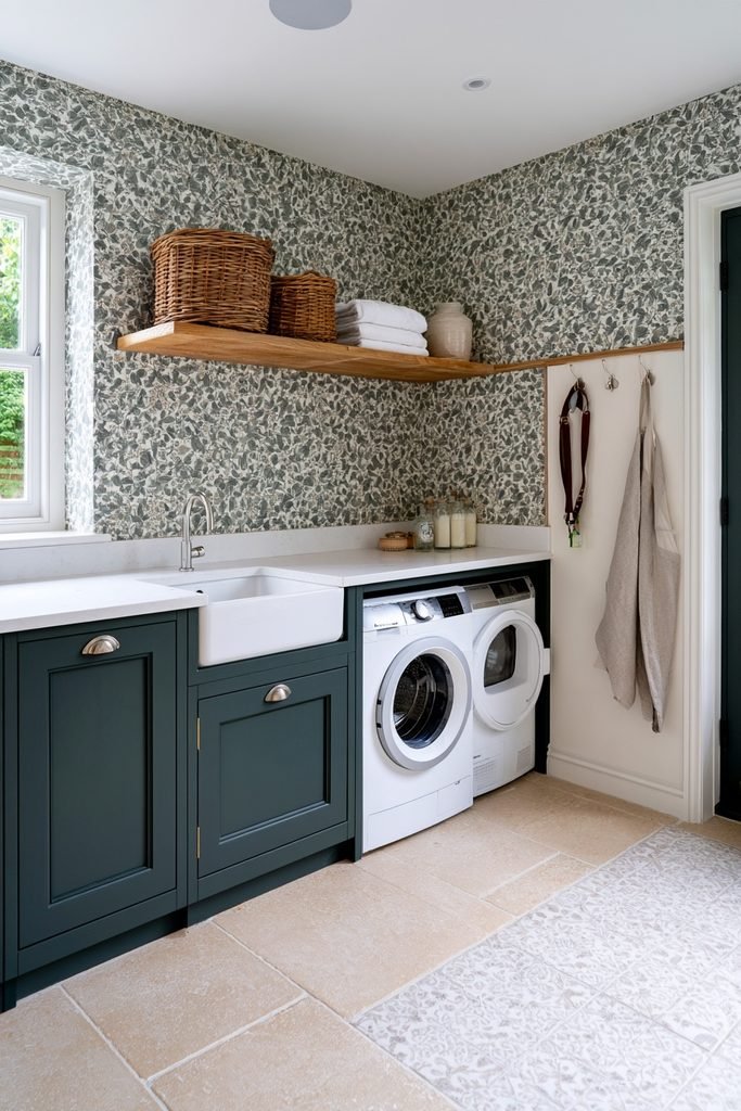 Botanical washable wallpaper paired with green cabinets in a garden-facing utility room