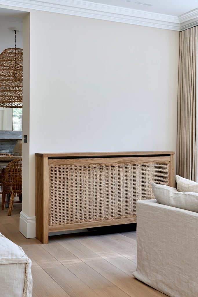 Natural wood radiator cover with woven cane rattan panel in a coastal living room