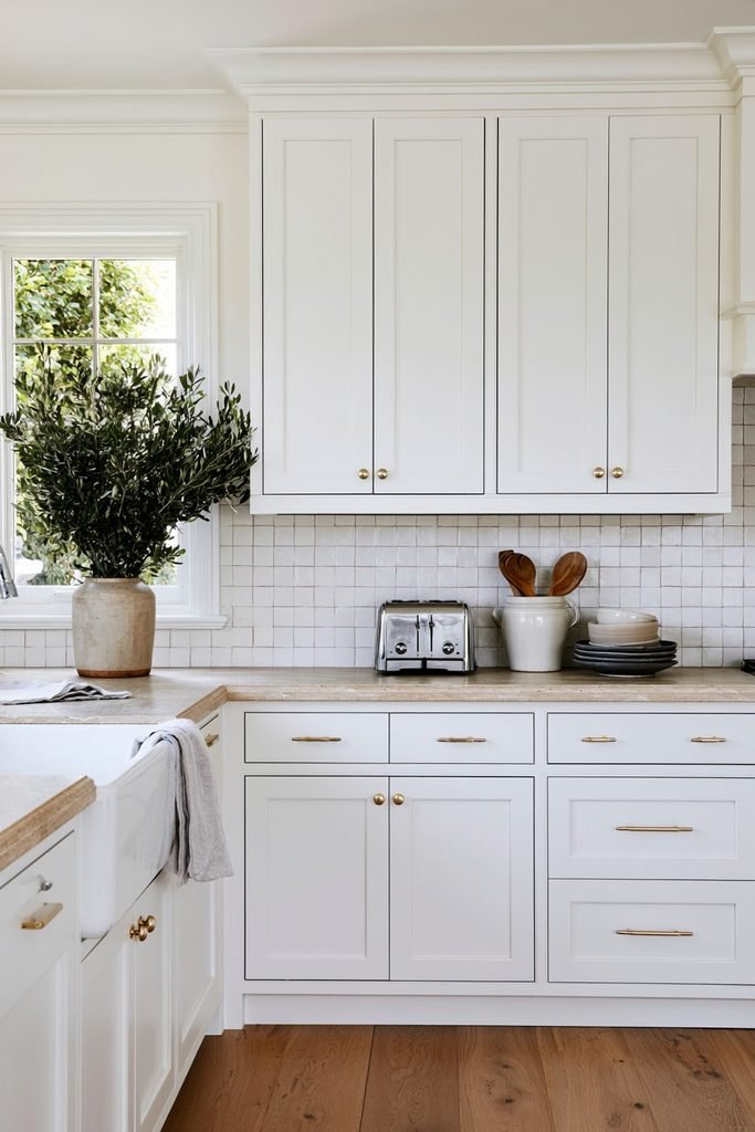 Classic kitchen featuring a warm neutral basketweave tile backsplash with natural wood and everyday kitchen accessories.