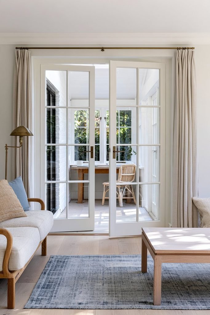 Coastal Nordic living room featuring white Crittall-style glass doors with natural wood furniture