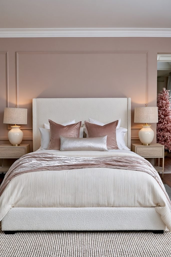 Cream and whitewashed bedside lamps with pink and silver Christmas bedroom accents