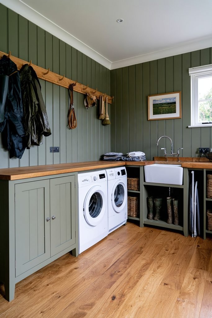 Pea green wipeable wall paneling in a practical English country utility room