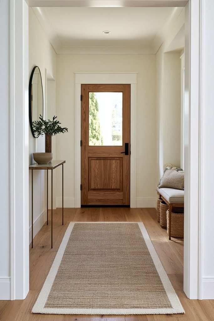 Wool flatweave hallway runner in a traditional home with dark oak flooring, staircase, antique chair, window, and ceramic decor.