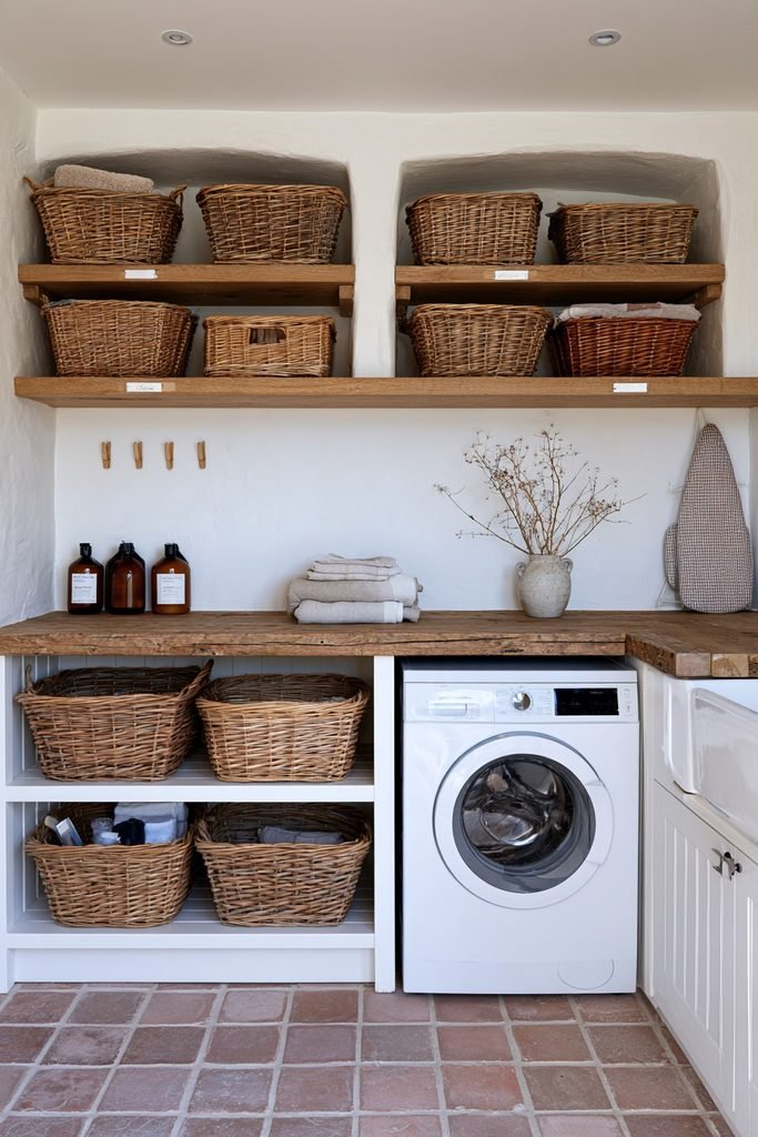 Woven wicker basket storage on open oak shelving in a rustic utility room