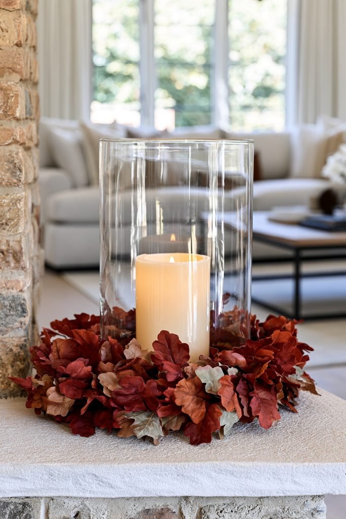 Glass hurricane candles with faux fall leaf garlands wrapped around the base beside a cozy fireplace.