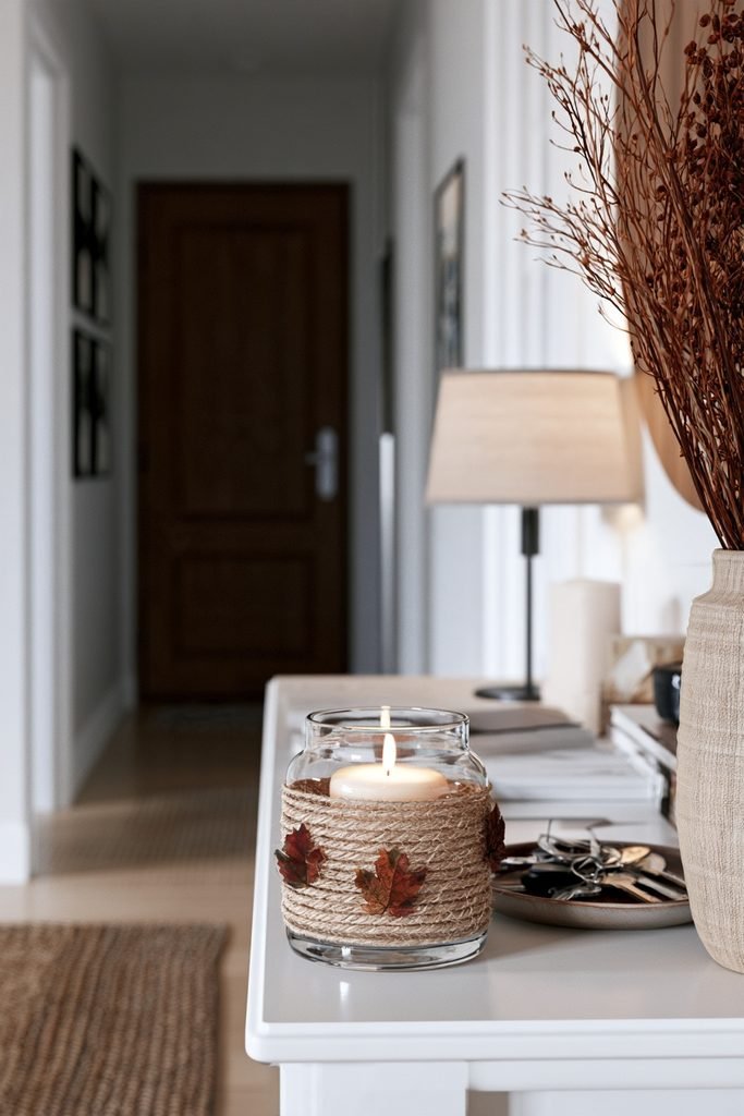 DIY twine wrapped glass candle holders with colorful fall leaves styled on a realistic entryway console table.