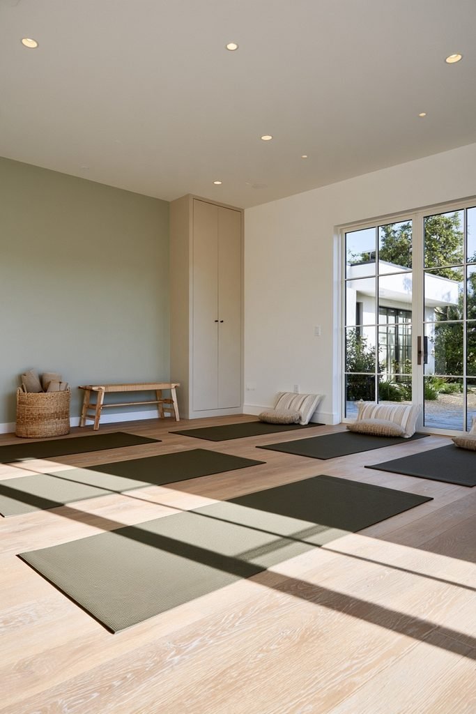 Peaceful garage conversion yoga studio with sage and warm white walls, light wood flooring, yoga mats, and natural light.