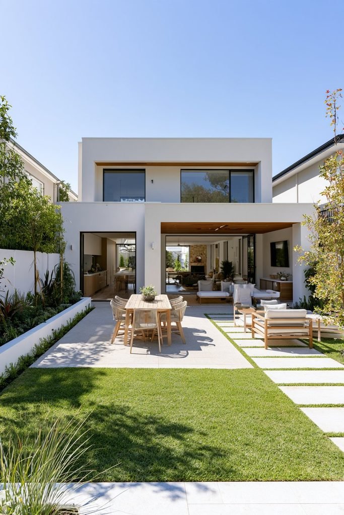 Large family house courtyard divided into outdoor dining, seating, and garden zones