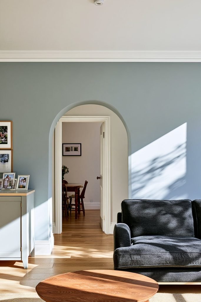 Shallow curved arched doorway softening the clean lines of a modern Japandi living room.