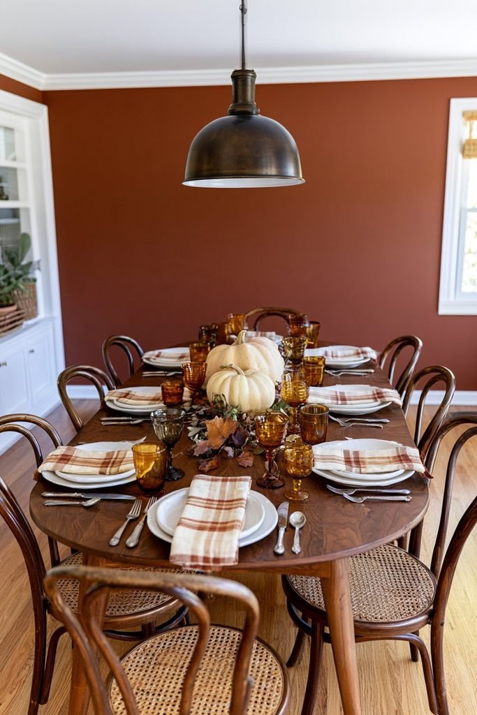 Thanksgiving table decor featuring amber glass goblets, honey-colored tumblers, white dinner plates, and rust plaid napkins.