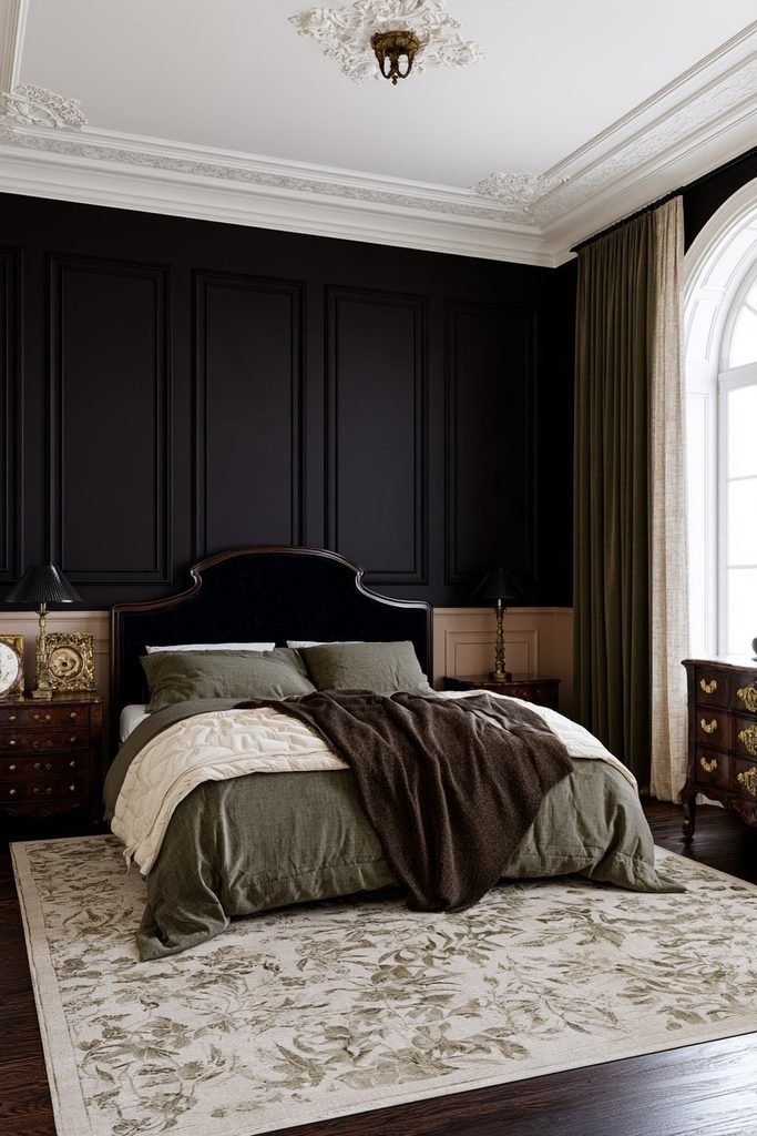 Contemporary dark academia bedroom with aged brass drawer pulls, gold bedside sconces, walnut furniture, and textured charcoal walls.
