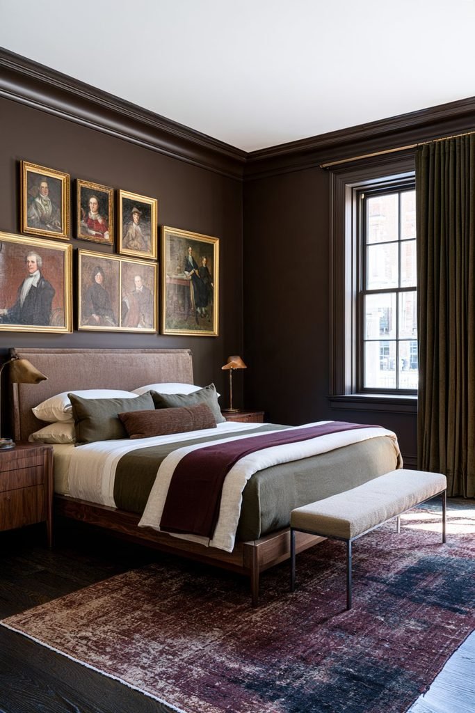 Contemporary dark academia bedroom with a gallery of antique gentleman portraits, a modern upholstered bed, charcoal walls, and walnut cabinetry.