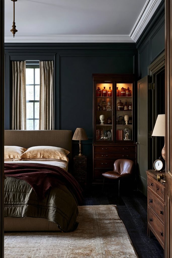 Modern dark academia bedroom with a walnut display niche containing amber apothecary jars, a plaster bust, vintage scientific instruments, and warm integrated lighting.