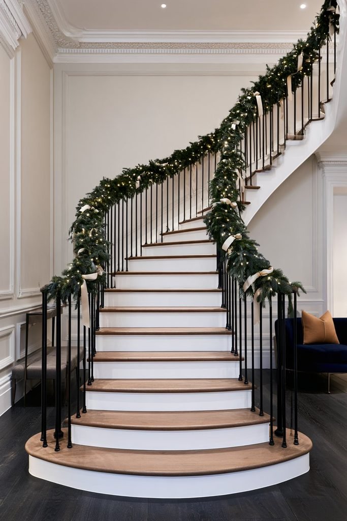 Evergreen Christmas garland wrapped along a staircase banister in a festive entryway