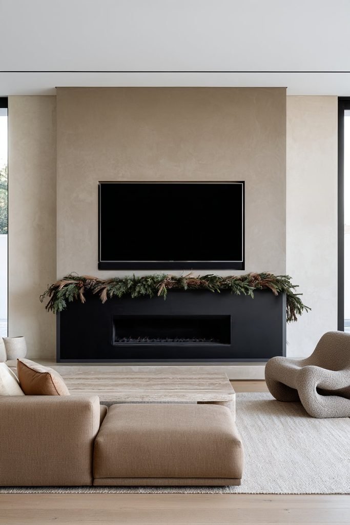 Minimal Christmas evergreen garland decorating a modern fireplace wall beneath a mounted TV