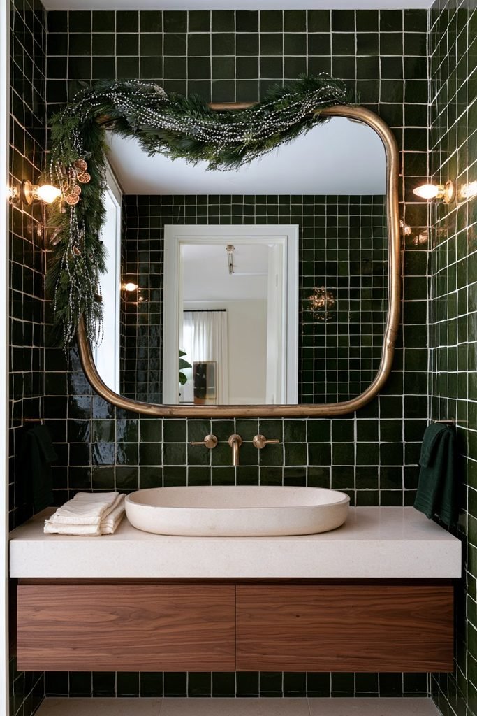 Christmas greenery garland draped around a bathroom mirror for festive holiday decor