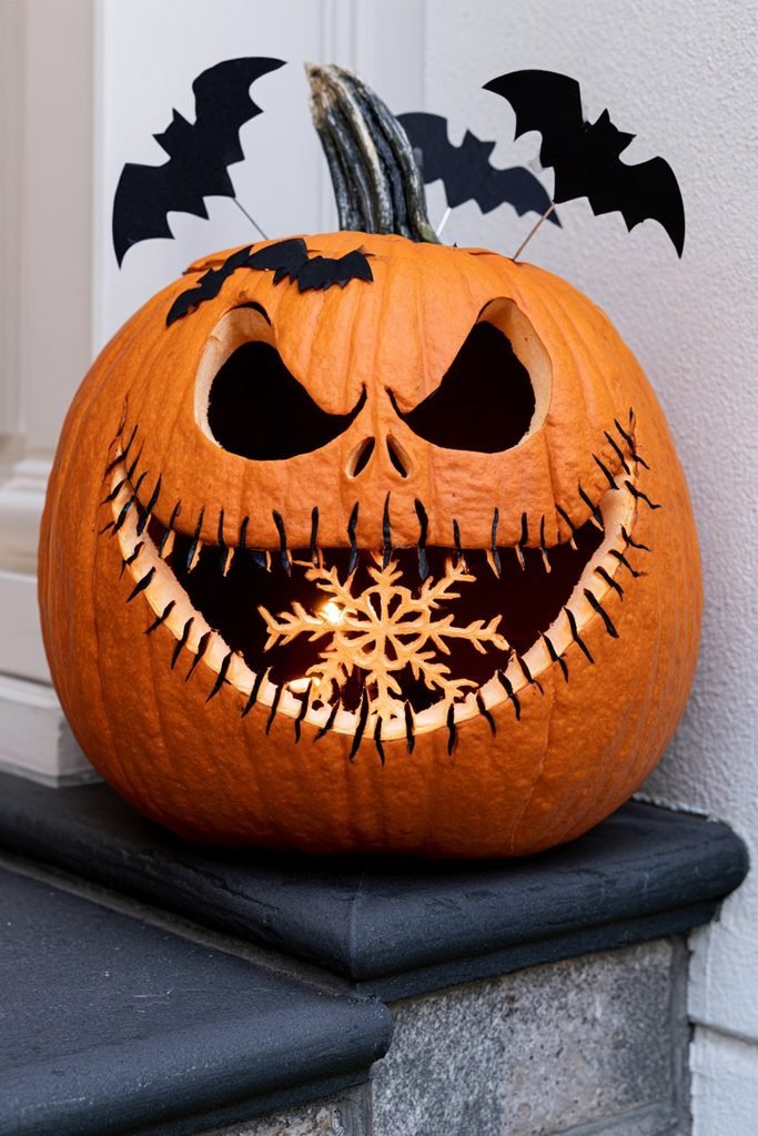 Nightmare Before Christmas Halloween pumpkin display accented with decorative black bats and spiders for a spooky movie-inspired look.