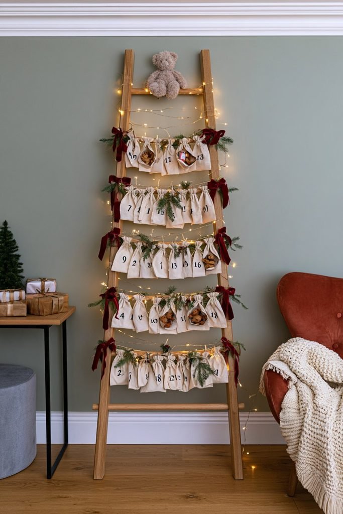 Teddy bear Christmas advent calendar featuring numbered fabric pockets, festive details, and a charming holiday display