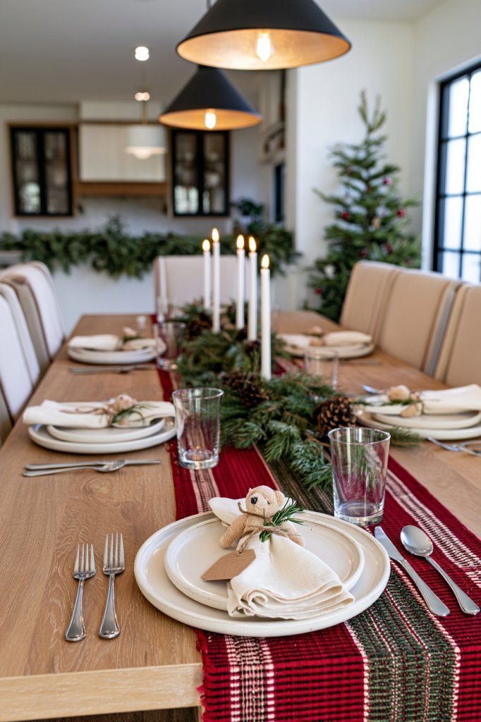 Festive Christmas place setting with a teddy bear accent, neatly arranged dinnerware, seasonal napkins, and holiday table decorations