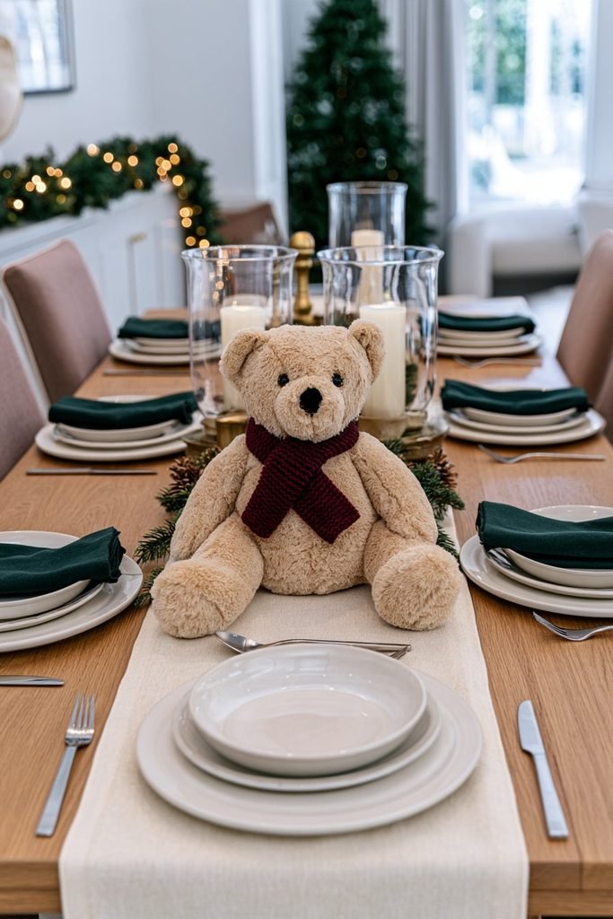 Christmas dining table centerpiece featuring a teddy bear surrounded by evergreen greenery, festive ornaments, and seasonal table decor