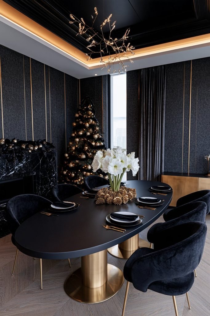 Glamorous Christmas dining table decor with a black lacquer oval table, gold accents, black velvet chairs, and elegant holiday lighting.