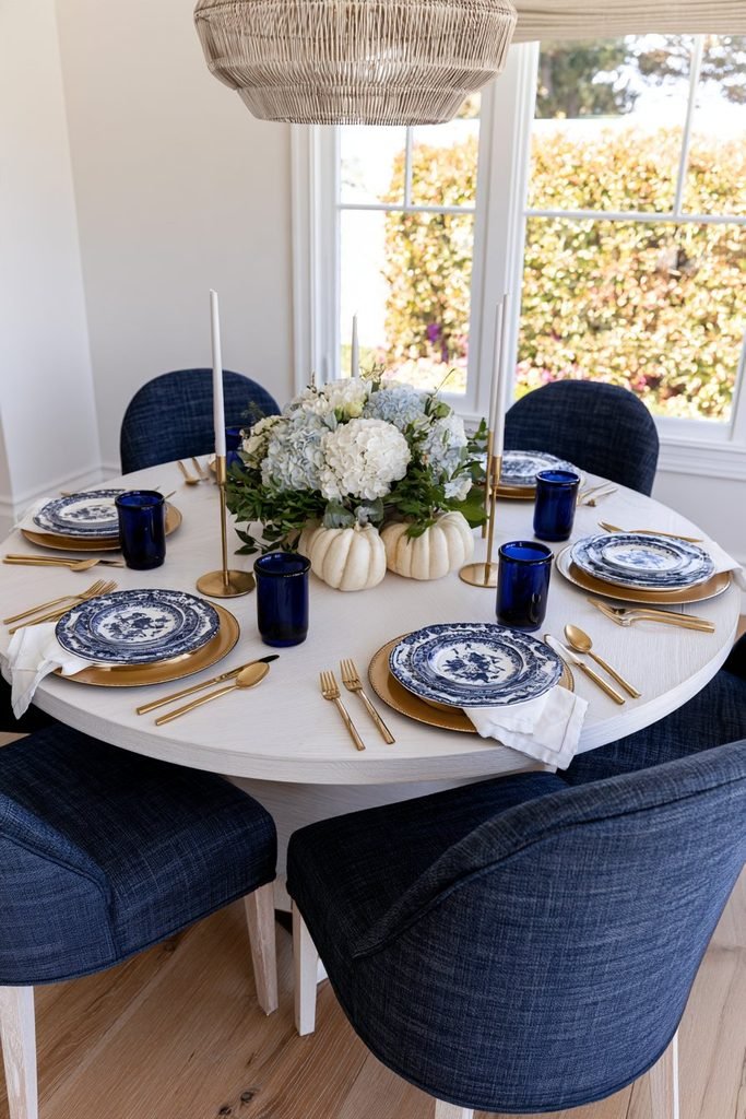 Blue and gold Thanksgiving table decor featuring blue-and-white plates, cobalt glassware, gold chargers, white napkins, and hydrangeas.