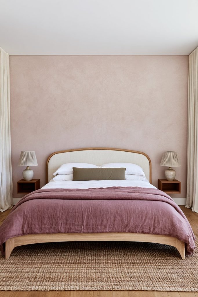 Soft blush pink Venetian plaster bedroom wall with a natural wood bed, cream bedding, and muted rose textiles