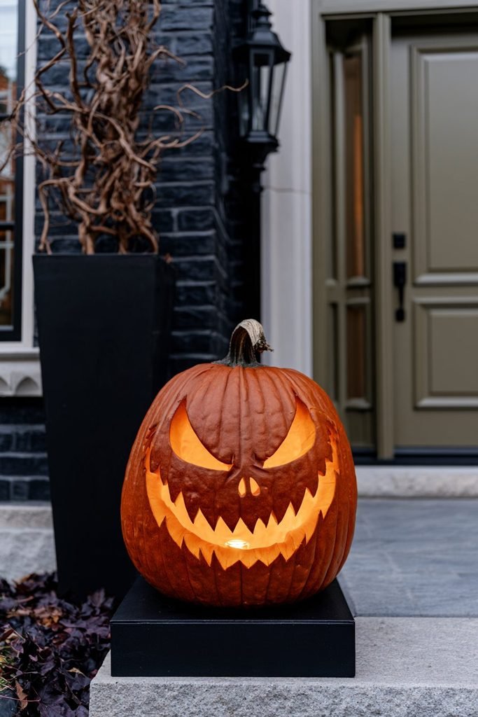 Oogie Boogie Halloween pumpkin featuring an outlined silhouette of the burlap villain from The Nightmare Before Christmas.