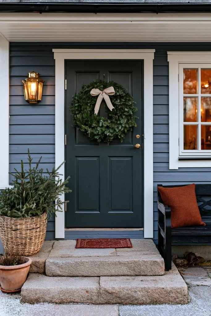 Scandinavian Christmas cottage entrance with a boxwood and pine wreath on a dark green front door, muted blue-gray siding, natural stone steps, and warm porch lighting.