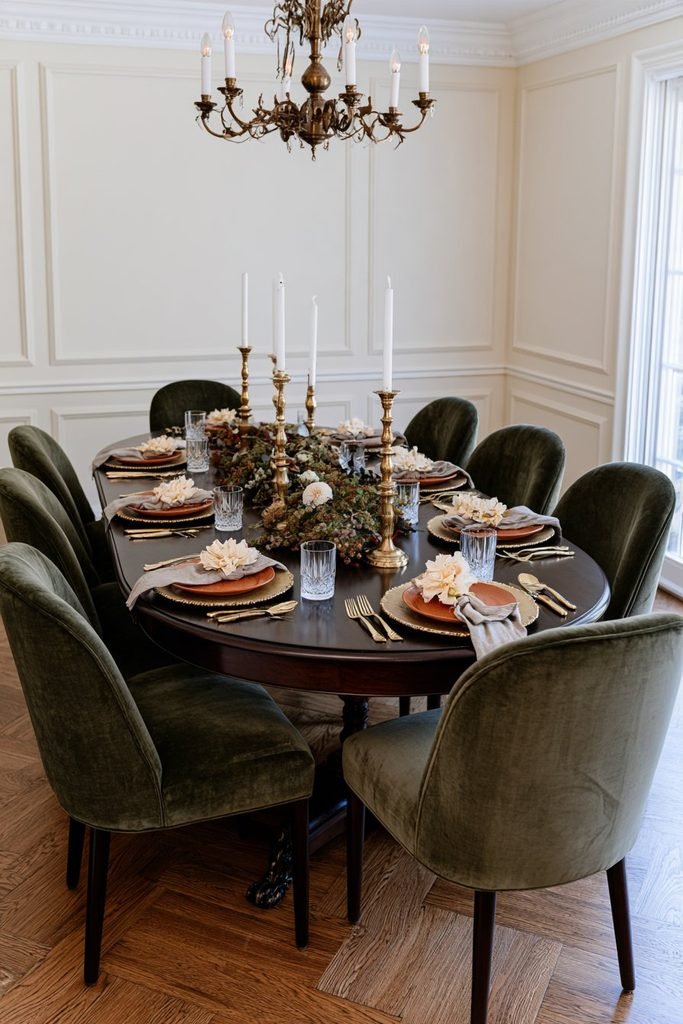 Traditional Thanksgiving table setting with brass candlesticks, gold chargers, burnt orange plates, cream flowers, and elegant gold flatware.