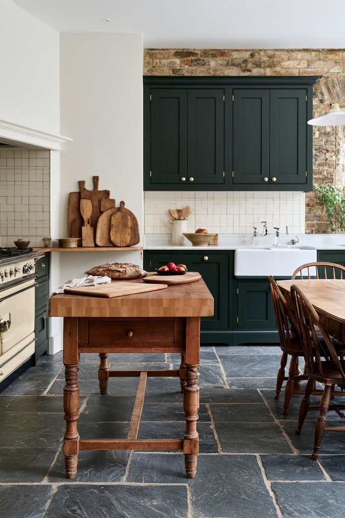 Vintage wooden breadboards displayed in a converted bakery kitchen with exposed brick walls, dark green cabinets, and a rustic butcher-block worktable.