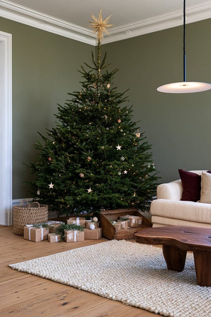 Scandinavian Christmas presents wrapped in brown kraft paper with white ribbon and spruce sprigs, arranged beneath a naturally decorated Christmas tree.
