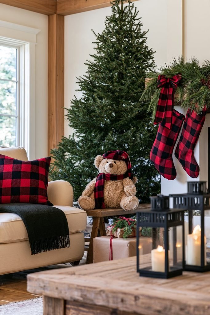 Teddy bear wearing a red buffalo check scarf beside rustic Christmas decorations, evergreen branches, and warm farmhouse accents