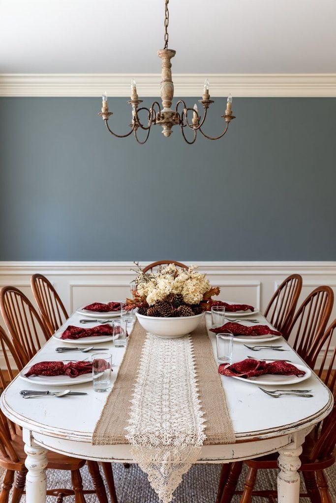 Farmhouse Thanksgiving table decorated with a burlap and lace runner, red patterned napkins, white dinnerware, and seasonal flowers.