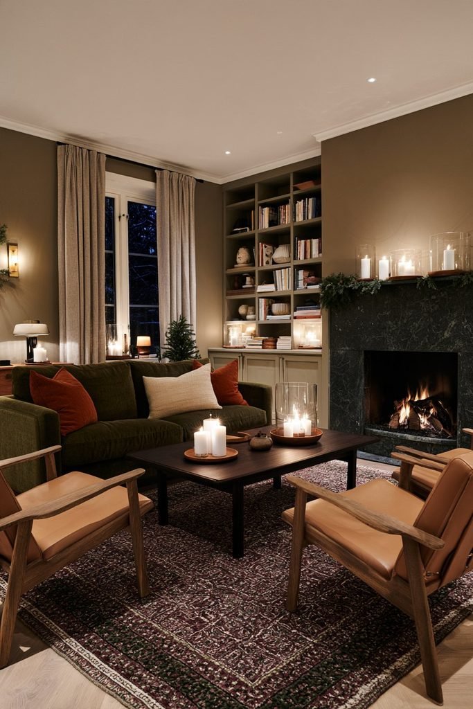 Cozy Nordic Christmas living room illuminated by pillar candles, warm lamps, evergreen greenery, an olive sofa, and rustic Scandinavian furnishings.