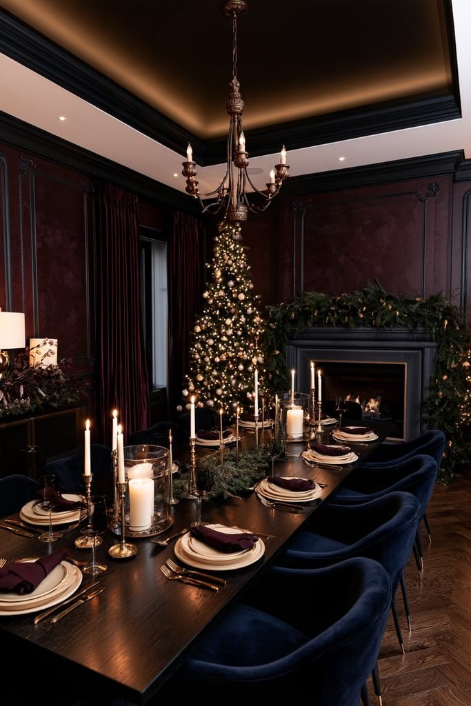 Candlelit Christmas dining table decor featuring a round black marble table, warm glowing candles, rich seasonal greenery, and a cozy festive dining room.