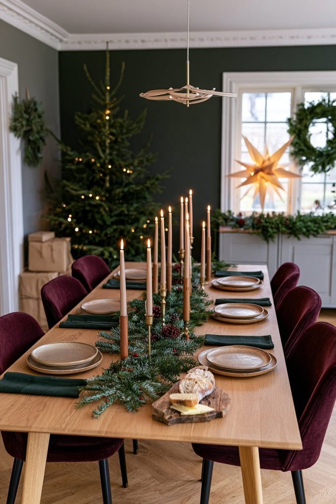 Scandinavian Christmas dining table illuminated by taper candles in wooden and brass holders, with evergreen sprigs and natural tableware.