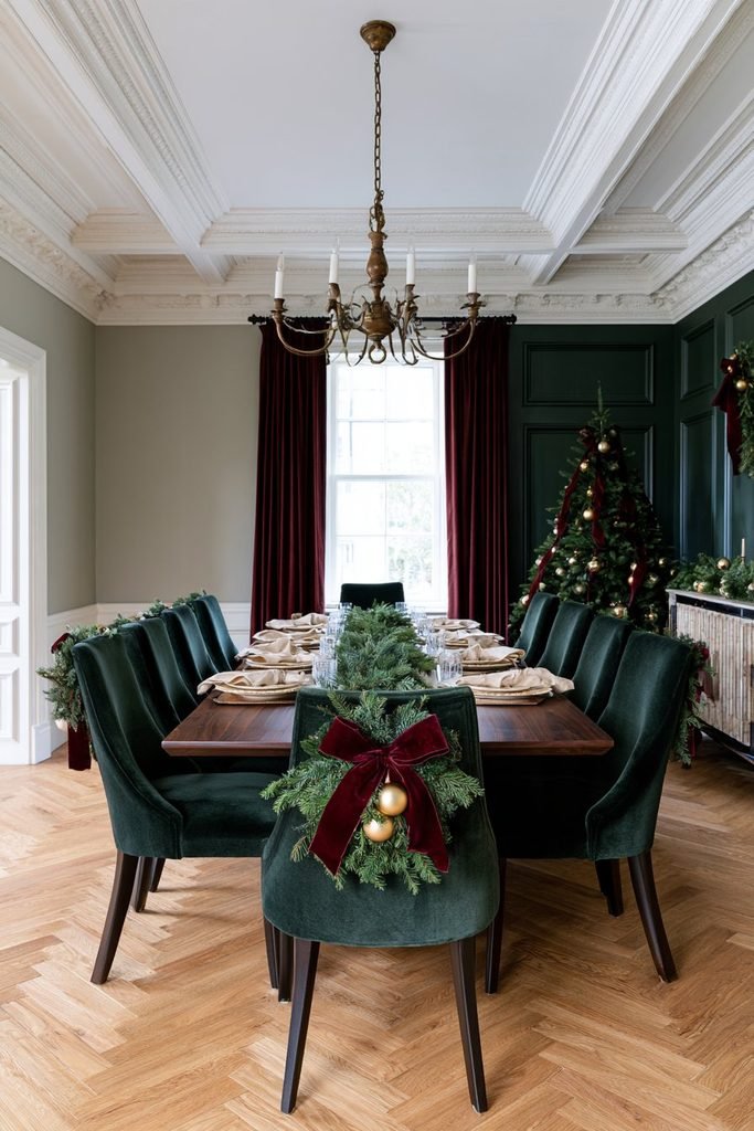 Elegant Christmas dining table decor with festive chair-back details, a cream marble oval table, forest-green velvet chairs, and bronze accents.