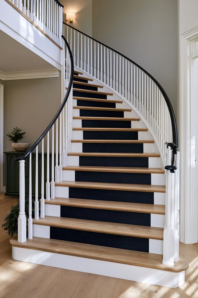 Christmas staircase decorated with black chalkboard risers featuring handwritten white Christmas poem verses on natural oak steps.