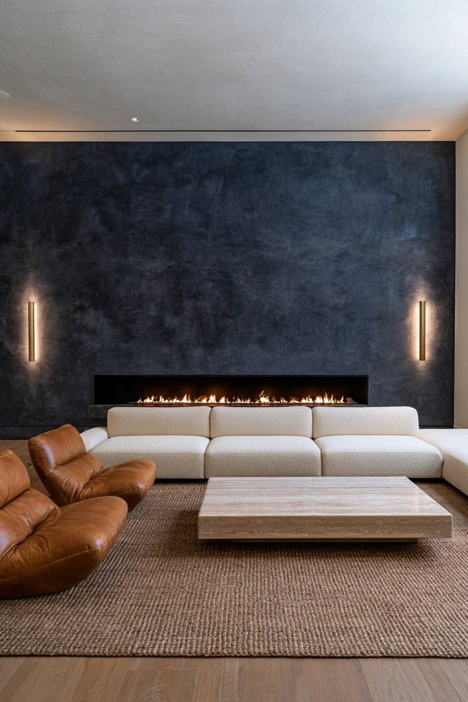 Charcoal Venetian plaster accent wall with fireplace, cream sectional sofa, leather chairs, and warm wood flooring